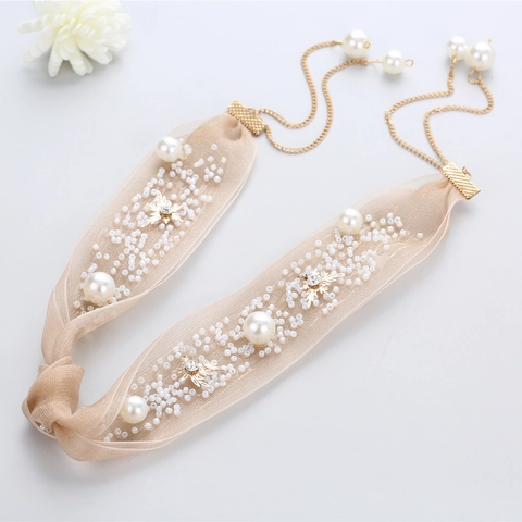 Copricapo da Sposa in Maglia Caffè Con Perla Artificiale Strass Fiore Fiocco Fascia per Capelli Gioielli da Matrimonio Accessori