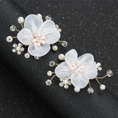 Clips para Zapatos Flor de Malla Blanca Desmontables Elegantes Diamante de Imitación Perla Artificial Accesorios para Novia