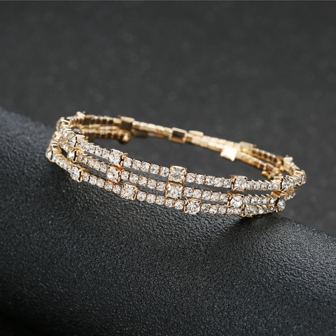Lussuoso Bracciale Sposa in Lega con Strass 3 File Elastico Aperto Placcato Oro Argento Gioielli per Matrimonio Donna