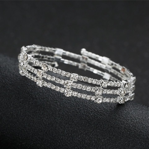 Lussuoso Bracciale Sposa in Lega con Strass 3 File Elastico Aperto Placcato Oro Argento Gioielli per Matrimonio Donna