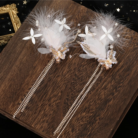 Mollette per Capelli con Nappa in Piuma Bianca Sposa Fatte a Mano Lega Strass Farfalla Perla Artificiale Copricapo per Fotografia di Matrimonio