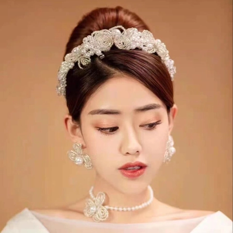 Diadema de Novia de Estilo Coreano Con Perlas Artificiales y Cristales Tiara de Flores para Boda Mujer Elegante Accesorio para el Cabello Joyería