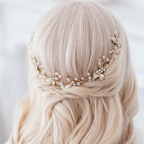 Vid para el Cabello de Novia Hecha a Mano Con Hojas Metálicas Perlas Artificiales Diamantes de Imitación Oro Plata Oro Rosa Accesorios de Boda Mujer