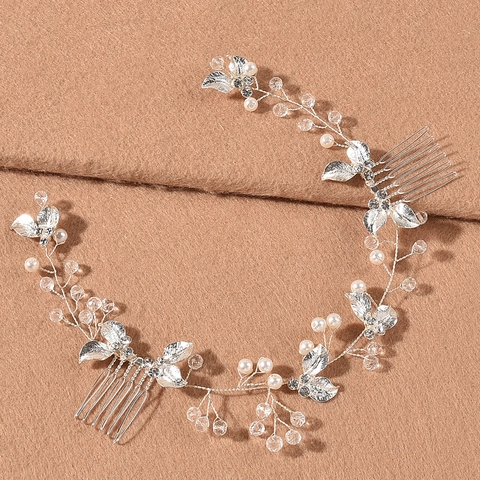 Vid para el Cabello de Novia Hecha a Mano Con Hojas Metálicas Perlas Artificiales Diamantes de Imitación Oro Plata Oro Rosa Accesorios de Boda Mujer