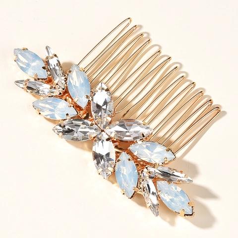 Luxe Legering Opaal Strass Bruids Haarkam Voor Dames Goud Zilver Blad Ontwerp Bruiloft Feest Haar Styling Accessoires