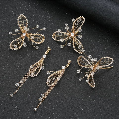 Set di Forcine Per Capelli a Farfalla E Clip Per Orecchie Con Nappina Oro Strass Cristallo Foglia Per Matrimonio