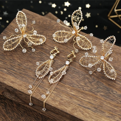Set di Forcine Per Capelli a Farfalla E Clip Per Orecchie Con Nappina Oro Strass Cristallo Foglia Per Matrimonio