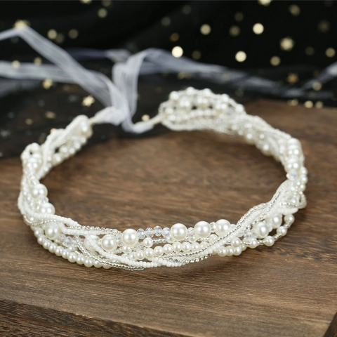 Elegante Banda para el Cabello de Novia Estilo Bosque Tejida a Mano Con Perlas Artificiales de Imitación Cristal Cadena de Aleación y Cinta Blanca para Boda