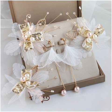 Mariée Papillon Pinces à Cheveux Boucles d'Oreilles Or Paillettes Tulle Perle Artificielle Style Mori Mariage Fête Accessoires