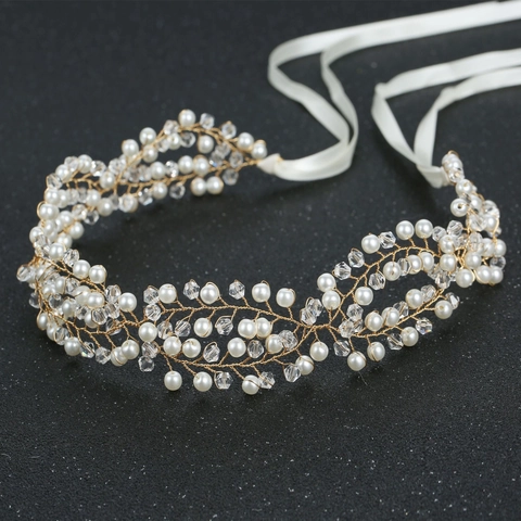 Elegante Diadema de Novia Hecha a Mano Aleación Cristal Perla Artificial de imitación Cadena de Pelo Estilo Enredadera Boda Fiesta Mujer