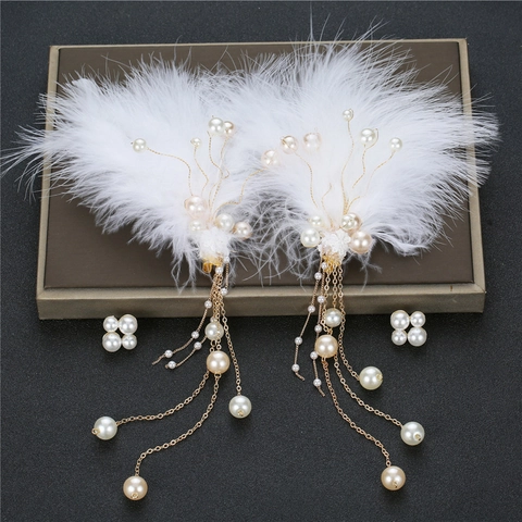 Eleganti Fermagli per Capelli con Piume e Nappe Nere Perla Artificial Sintetica Lega Dorata Stile Hanfu per Matrimonio Festa Donna