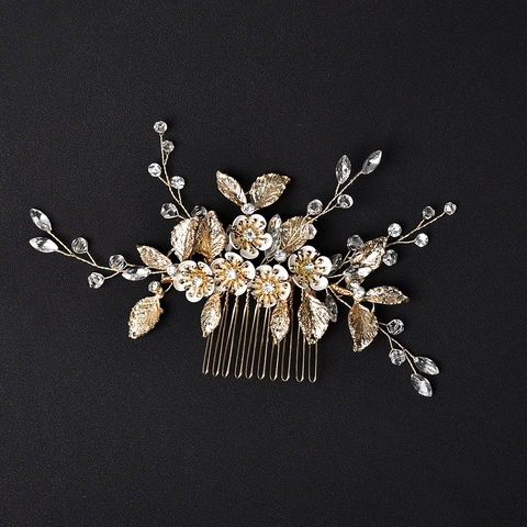 Pettine per Capelli da Sposa Fatto a Mano in Lega Foglia d'Argento Fiore Bianco Strass Fermaglio per Capelli Copricapo a Foglia d'Oro Donna Gioielli