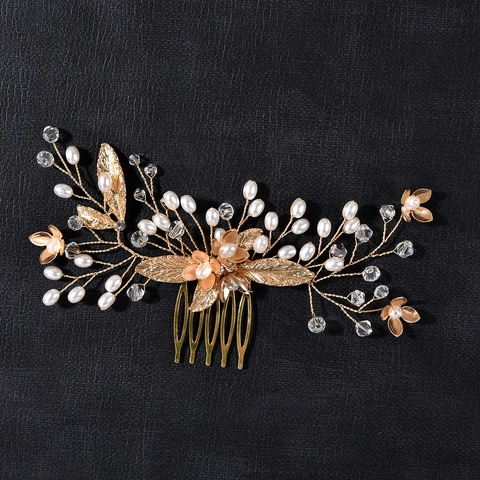 Handmade Bridal Hair Comb Crystal Artificial Pearl Wedding Hair Piece Alloy Floral Leaf Headpiece For Brides Women Formal Jewelry