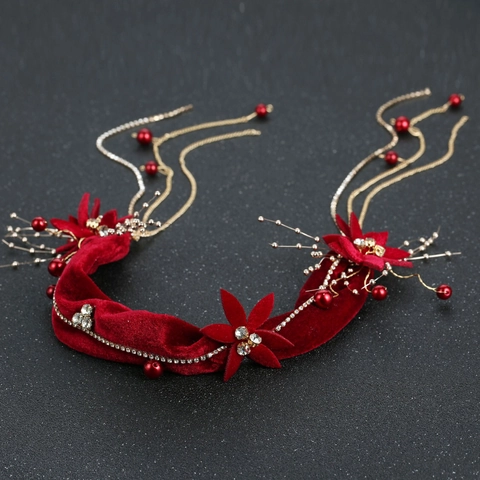 Lussuoso Cerchietto da Sposa in Velluto Rosso Con Catena d'Oro Fiore di Strass Accessorio Capelli Matrimonio Vintage Donna