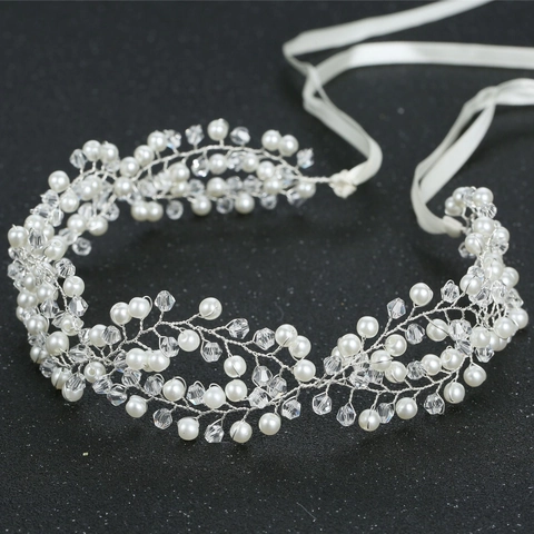 Elegante Diadema de Novia Hecha a Mano Aleación Cristal Perla Artificial de imitación Cadena de Pelo Estilo Enredadera Boda Fiesta Mujer
