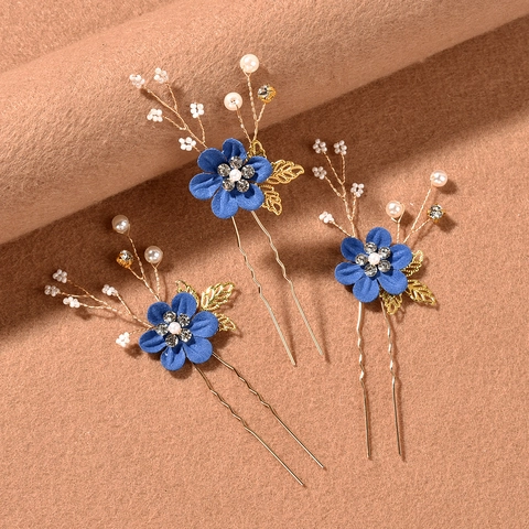 Elegante Horquilla en U para Mujer Flor de Tela Perla Artificial Diamantes de Imitación Accesorios de Pelo Boda Fiesta Joyería