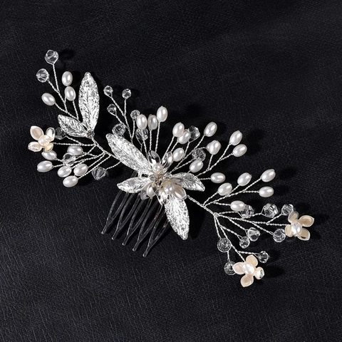 Handmade Bridal Hair Comb Crystal Artificial Pearl Wedding Hair Piece Alloy Floral Leaf Headpiece For Brides Women Formal Jewelry