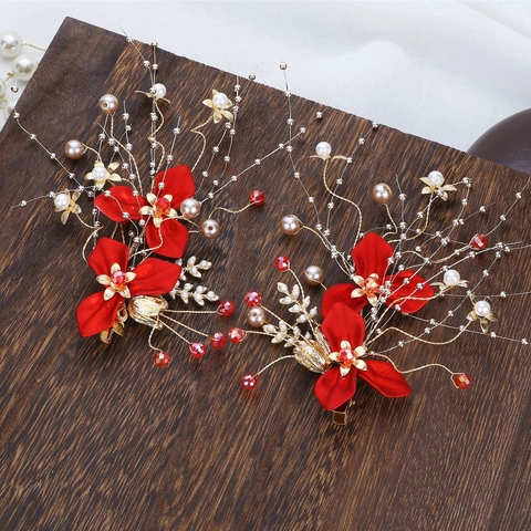Set di Fermagli per Capelli Sposa Fiore Rosso Cinese Orecchini con Nappina Copricapo con Künstliche Perle per Matrimonio Donna