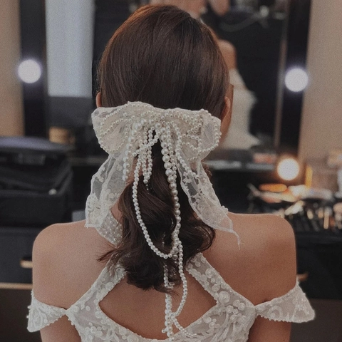 Elegante Pinza para el Cabello de Encaje Blanco con Borlas de Perlas Artificiales Tocados de Boda para Mujer