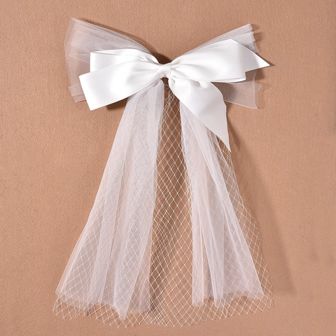 Bridal Wedding White Satin Bow Mesh Veil Hair Clip Elegant Korean Style Ribbon Headwear For Party Photography Women Jewelry