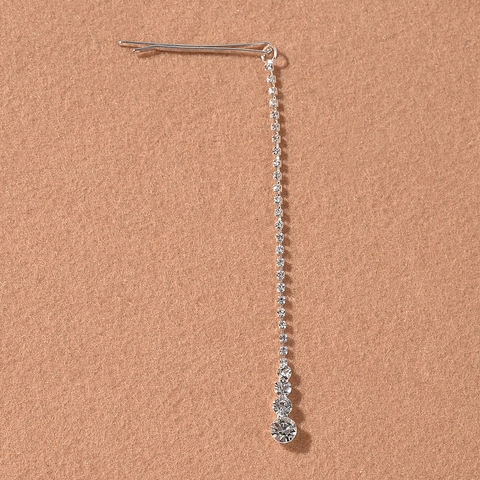 Pinza para el Cabello con Borla de Diamantes de Imitación Plateada Flecos Largos Colgante de Frente Horquilla de Aleación Boda Novia Fiesta Accesorio de Moda para Mujer