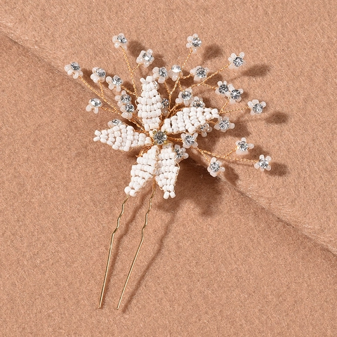 Handmade Flower Beaded Bridal Hairpin With Rhinestone Artificial Pearl Gold Alloy Wire Wedding Headpiece For Women