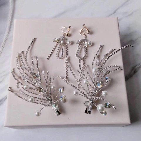 Accessori per Capelli da Sposa Matrimonio Argento Nappina Lunga Strass Fermagli per Capelli e Orecchini a Clip Perle Artificiali