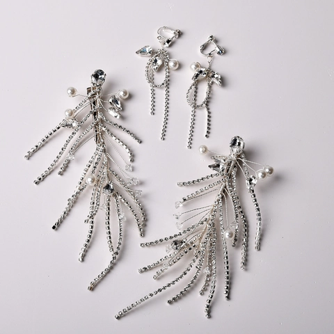 Accessori per Capelli da Sposa Matrimonio Argento Nappina Lunga Strass Fermagli per Capelli e Orecchini a Clip Perle Artificiali