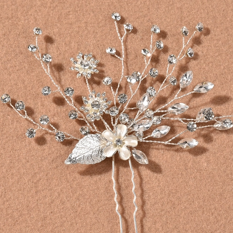 Pasador de Pelo de Novia de Aleación de Plata con Flor Hoja Strass en Forma de U Accesorio para Mujer