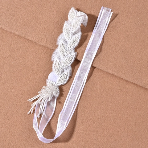 Diadema de Novia Hecha a Mano con Perlas Artificiales Blancas y Hojas con Cinta Accesorios para el Cabello de Boda Mujer Tocado