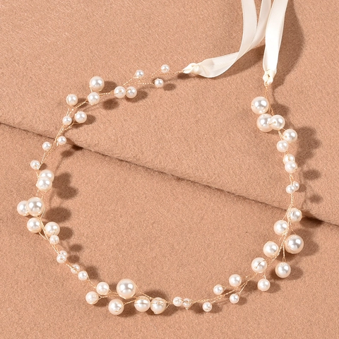 Enredadera de Cabello para Novia Hecha a Mano Con Perla Artificial Hilo de Cobre Elegante Diadema de Cinta Blanca para Mujer Accesorios