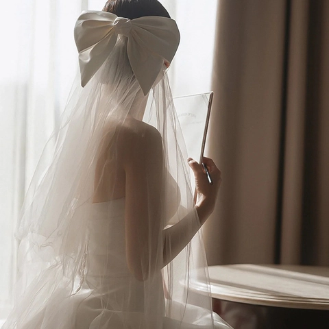 Grande Pince à Cheveux Nœud en Satin Blanc Avec Long Voile en Tulle Accessoires Cheveux Mariée pour Femmes Filles Coiffe Romantique
