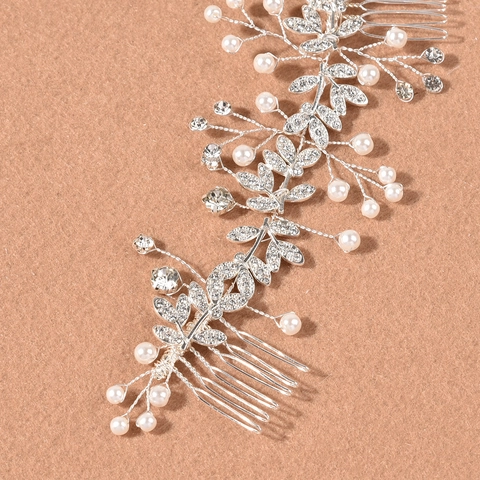 Pettine per Capelli da Sposa Oro Argento Lega Floreale Foglia Strass Perla Artificiale Copricapo da Sposa per Donna Gioielli da Festa