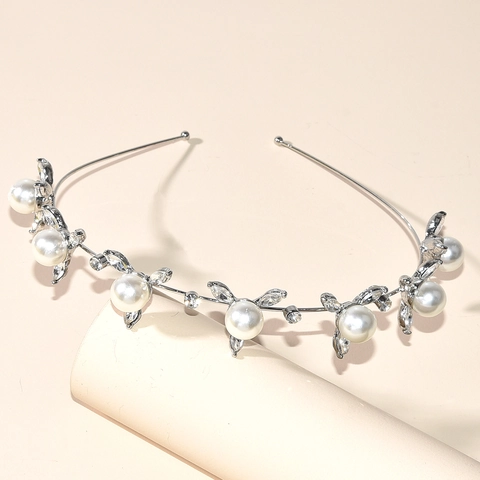 Elegante Cerchietto da Sposa in Lega d'Argento Decorato Con Perle Artificiali E Strass Corona da Principessa Floreale per Matrimonio