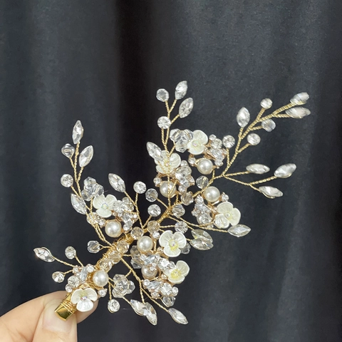 Pinza para el Cabello de Novia en Aleación de Oro Hecha a Mano Elegante Strass Perla Artificial Horquilla Boda Joyería Mujer
