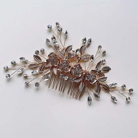 Peine para Pelo de Novia Flor Diamante de Imitación Diseño Hoja Aleación Accesorios de Boda Vintage Mujer