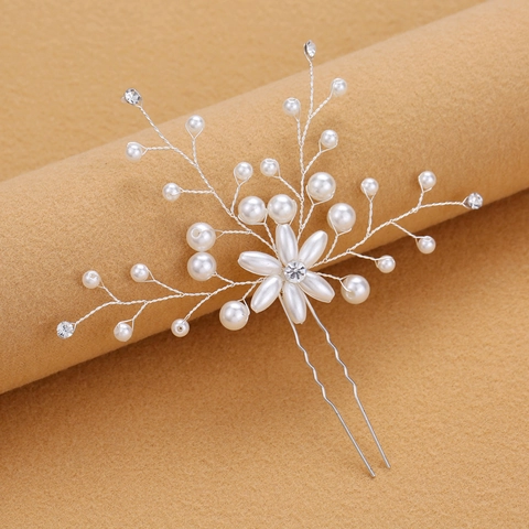 Bastoncino per Capelli Sposa Fatto a Mano con Künstliche Perle e Strass in Filo d'Argento Intrecciato Accessori per Capelli Eleganti Donna