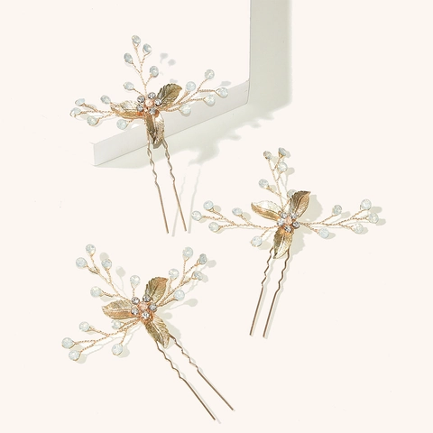 Forcina per Capelli Sposa Matrimonio Foglia Oro Strass Perla Artificial Intrecciata a Mano Eleganti Forcine a U Accessori Donna