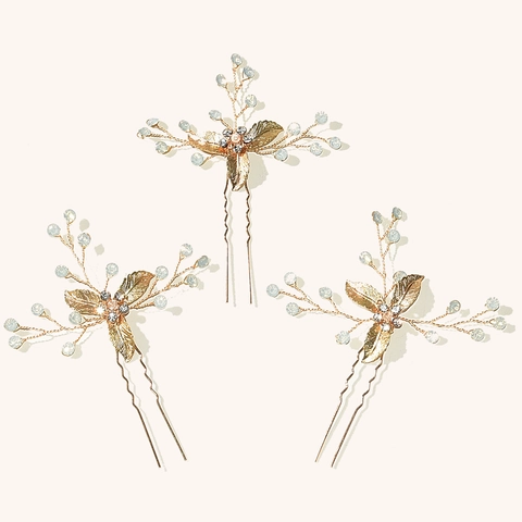 Forcina per Capelli Sposa Matrimonio Foglia Oro Strass Perla Artificial Intrecciata a Mano Eleganti Forcine a U Accessori Donna