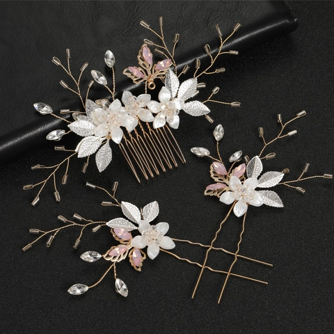 Handgemachtes Braut Haarschmuck Set Blume Strass Haarkamm Und Haarnadeln Protein Stein Kopfschmuck Für Damen Hochzeit Party