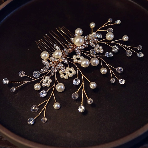 Pettine per Capelli Sposa Fatto a Mano in Lega Oro Con Künstliche Perle d'Imitazione Strass Floreale Foglia Per Matrimonio Festa Donna