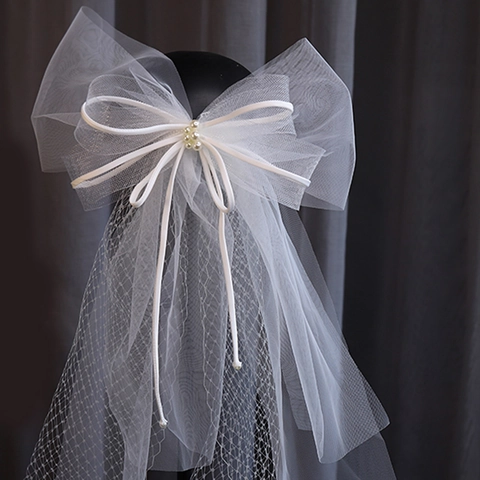 Women Forest Style Multi-Layer Mesh Bow Bridal Veil With Faux Artificial Pearls Tulle Wedding Hair Accessory For Travel Photography