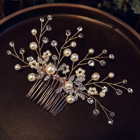 Pettine per Capelli Sposa Fatto a Mano in Lega Oro Con Künstliche Perle d'Imitazione Strass Floreale Foglia Per Matrimonio Festa Donna