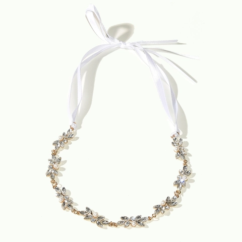 Fascia per Capelli Sposa Strass Künstliche Perle Elegante Foglia Floreale Catena Capelli Matrimonio Con Nastro Donna Gioielli