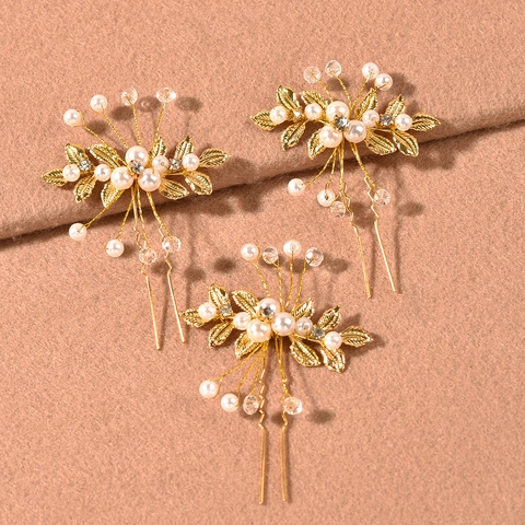 Set da 3 Forcine in Lega Oro Argento con Foglie e Künstliche Perle per Sposa Matrimonio Strass Eleganti Accessori Capelli Donna