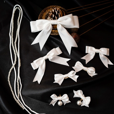 Set Orecchini e Molletta Capelli con Fiocco in Satin Stile Francese per Donna Elegante Fiocco Perle Artificiali Accessori Matrimonio
