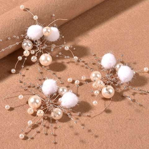 Set Accessori Capelli Sposa Pompon Ecopelliccia Perla Artificiale Filo Oro Mollette Clip Orecchie Gioielli Inverno