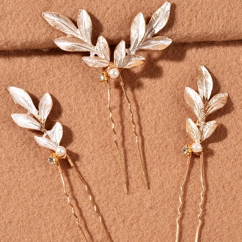 Eleganti Forcine da Sposa in Metallo a Forma di Foglia Lega Oro Con Künstliche Perle Sintetiche e Strass Accessori Capelli Donna Matrimonio