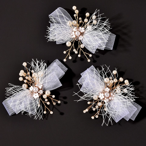 Elegante Molletta per Capelli da Sposa Fiocco in Rete Bianca Con Künstliche Perle Artificiali Fiore di Strass Accessori Capelli per Matrimonio Donna