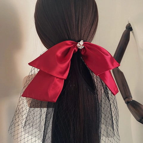 Fascinator Vintage con Fiocco in Raso Bordeaux e Velo a Rete Nero Perla Artificiale Strass Fermaglio Capelli Sposa Donna